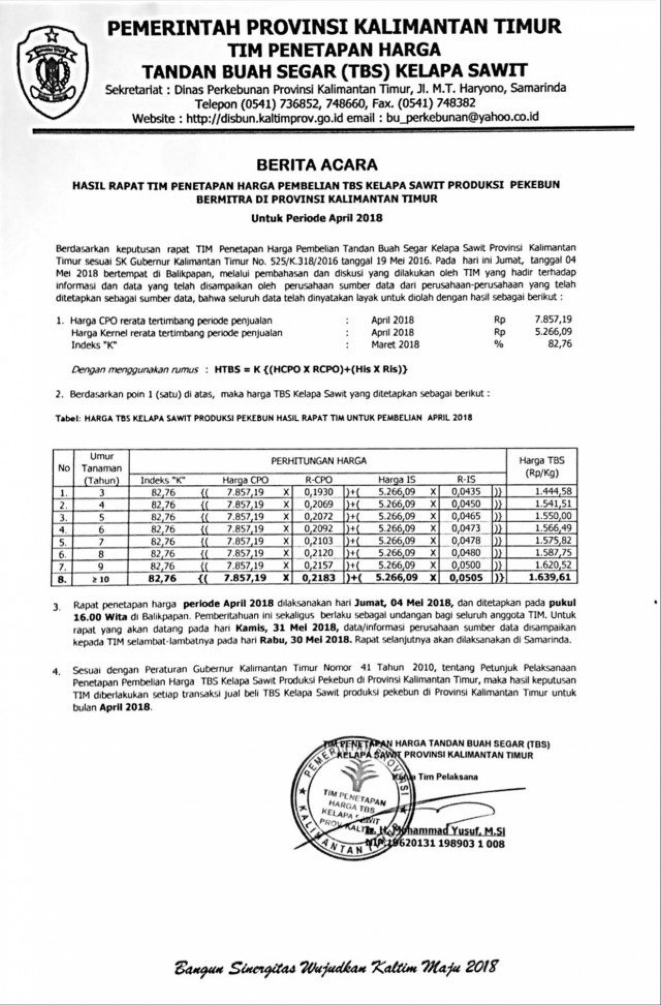 Informasi Harga TBS Kelapa Sawit Bulan April 2018