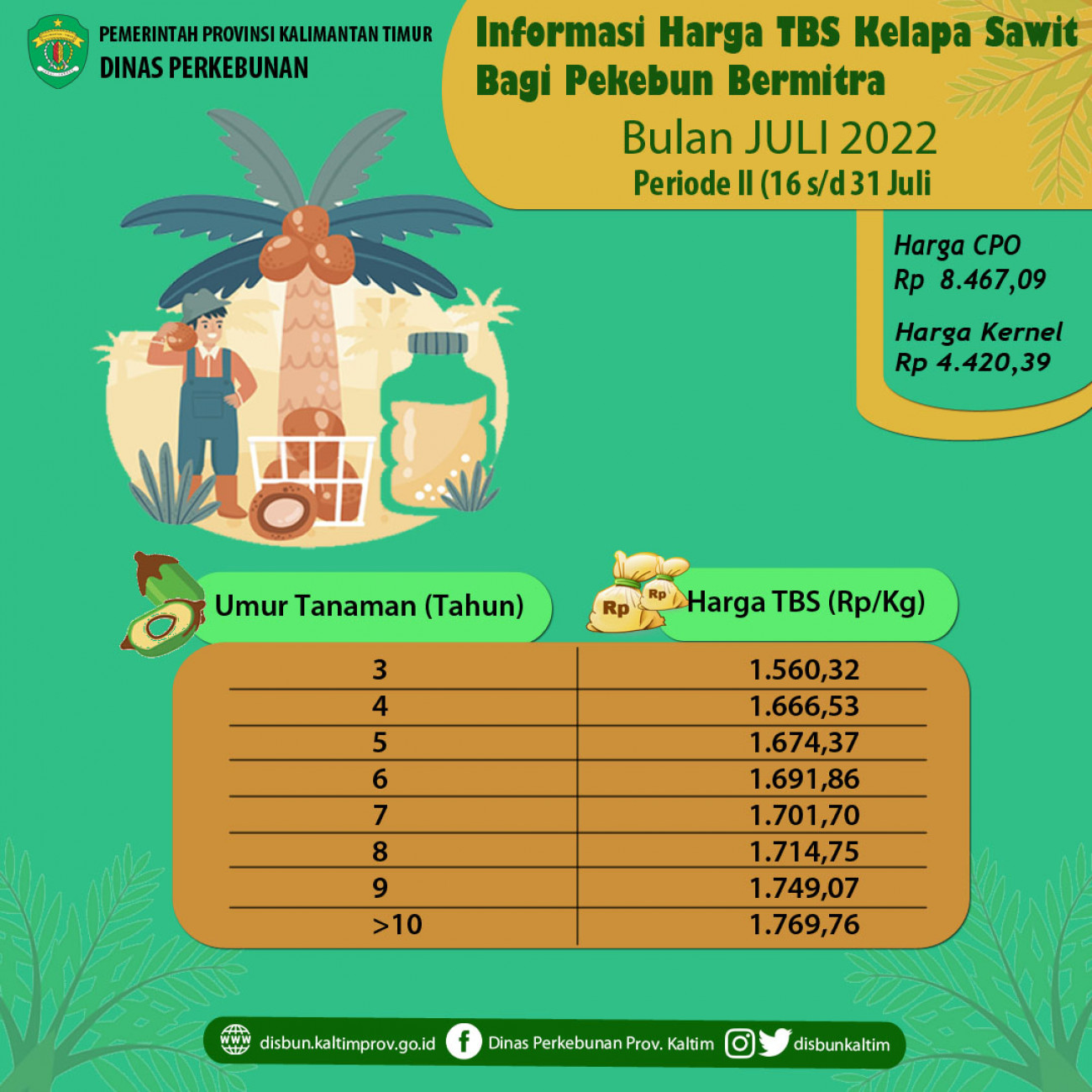 Informasi Harga TBS Kelapa Sawit Bagi Pekebun Bermitra Periode 16 - 31 Juli 2022