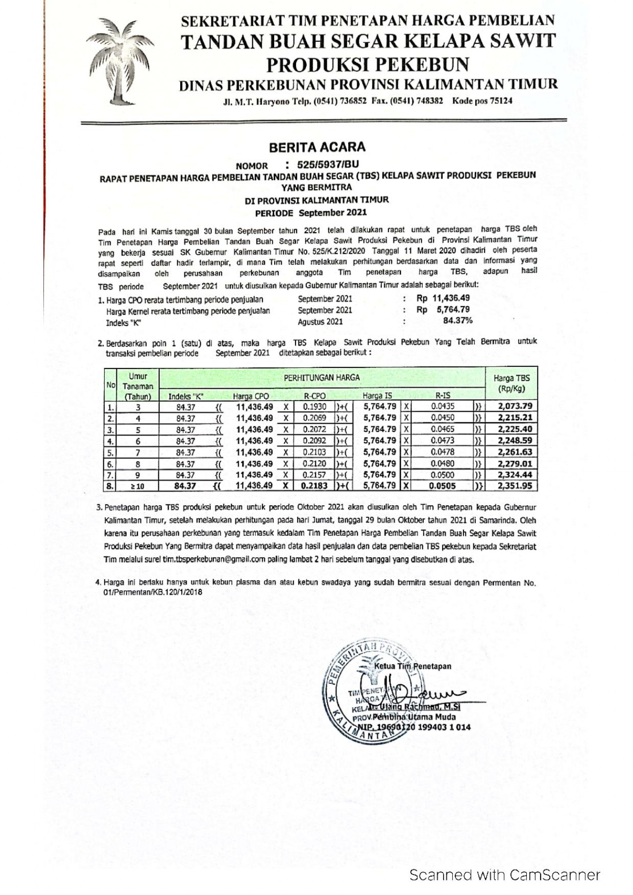 Informasi Harga TBS Kelapa Sawit Bagi Pekebun Bermitra Bulan September 2021