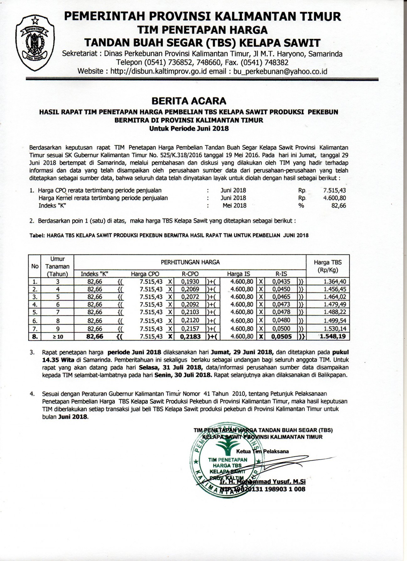 Informasi Harga TBS Kelapa Sawit Bulan Juni 2018