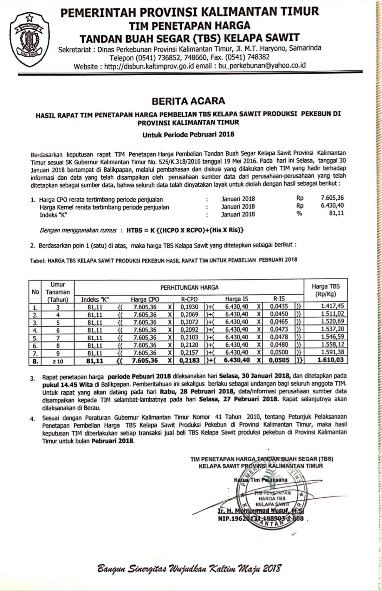 Informasi Harga TBS Kelapa Sawit Bulan Pebruari 2018